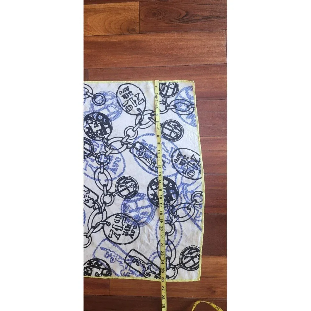 Henri Bendel Silk Scarf Charm Chain Print White Blue Yellow Square 26